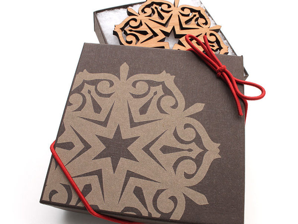 2016 NEW Detailed 3 1/2" Wood Snowflake Ornament Gift Box - Design F - Nestled Pines - 2