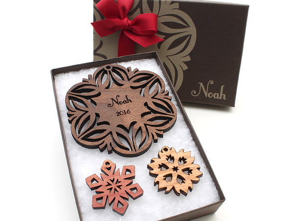 Walnut Christmas Blossom Custom Wood Snowflake Ornament - Nestled Pines - 4