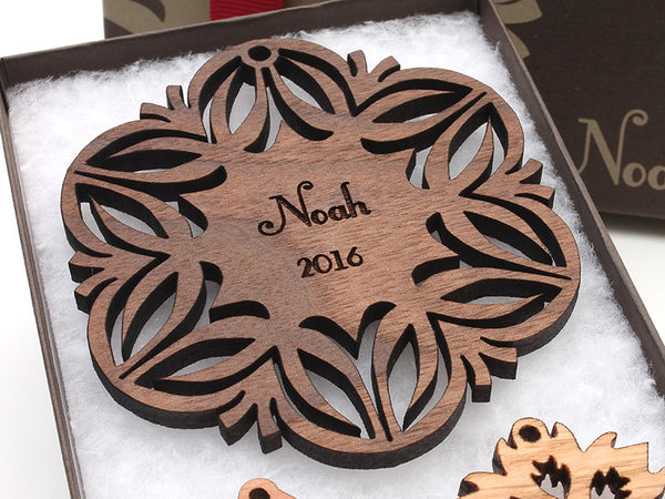 Walnut Christmas Blossom Custom Wood Snowflake Ornament - Nestled Pines - 1