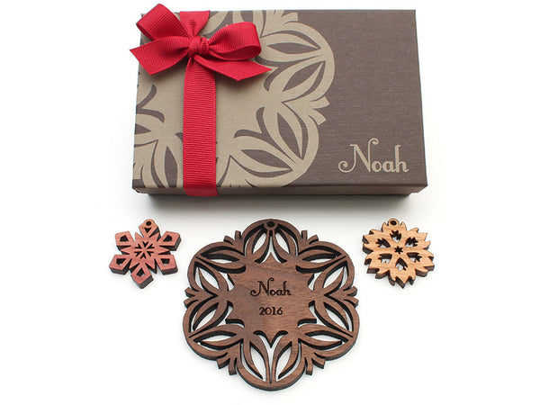 Walnut Christmas Blossom Custom Wood Snowflake Ornament - Nestled Pines - 3