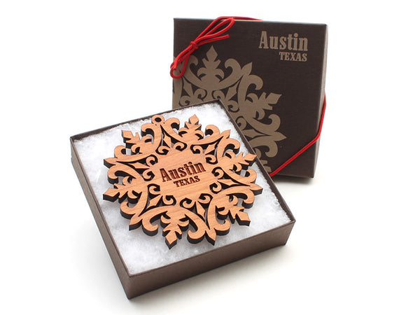 Amore Fiore Austin Texas Snowflake Custom Ornament - Nestled Pines