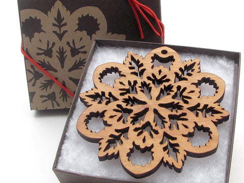 Detailed 3 1/2" Wood Snowflake Ornament Gift Box - Design B - Nestled Pines - 1