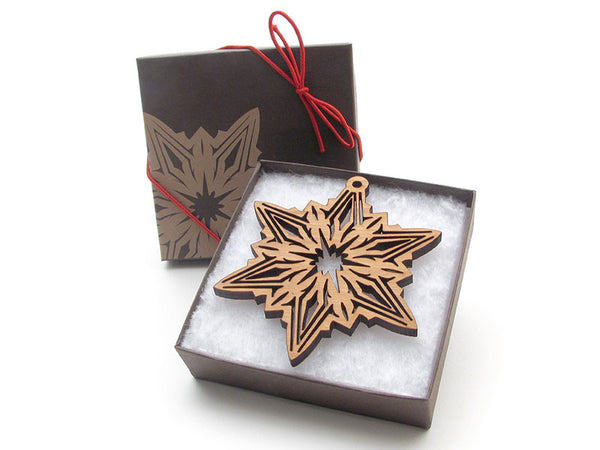 Detailed 3 1/2" Wood Snowflake Ornament Gift Box - Design C - Nestled Pines - 2