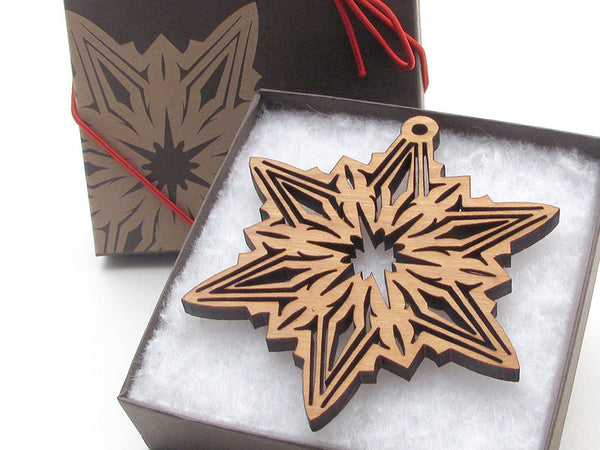 Detailed 3 1/2" Wood Snowflake Ornament Gift Box - Design C - Nestled Pines - 1