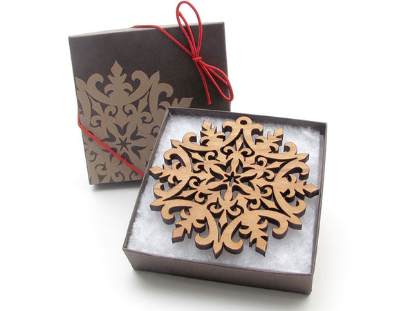 Detailed 3 1/2" Wood Snowflake Ornament Gift Box - Design D - Nestled Pines - 2