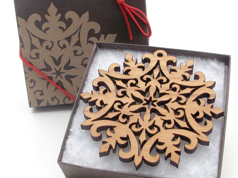 Detailed 3 1/2" Wood Snowflake Ornament Gift Box - Design D - Nestled Pines - 1