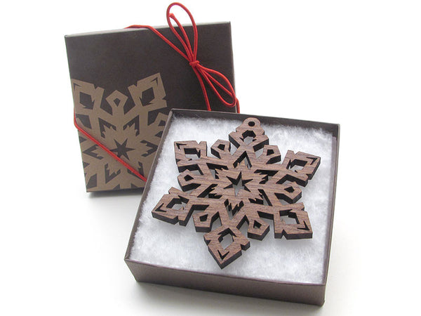 Detailed 3 1/2" Wood Snowflake Ornament Gift Box - Design E - Nestled Pines - 2