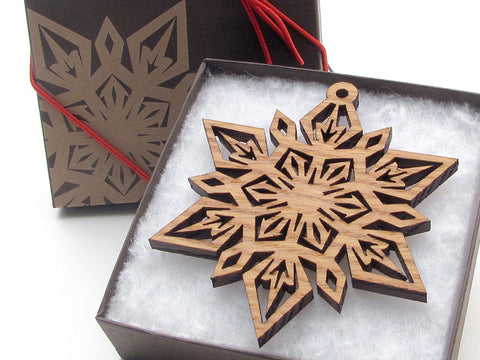 Detailed 3 1/2" Wood Snowflake Ornament Gift Box - Design F - Nestled Pines - 1
