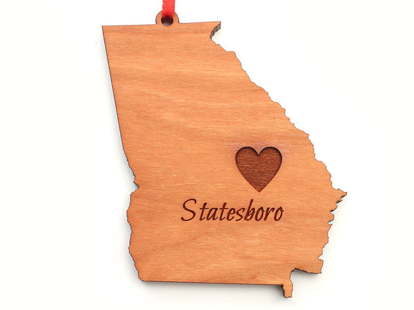 Statesboro Georgia State Shape Custom Ornament with Heart Engraving - Nestled Pines