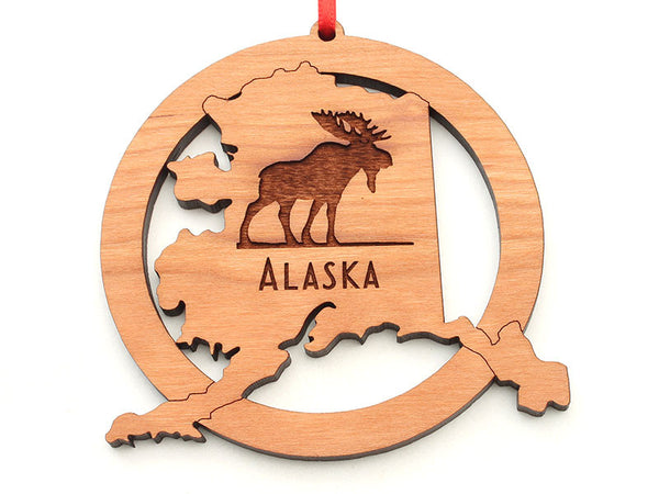 Alaska State Shape with Moose Engraving Ornament